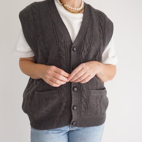 Vintage Towncraft Grey-ish Brown Cable Knit Button Up Cardigan Vest L - Picture 2 of 10
